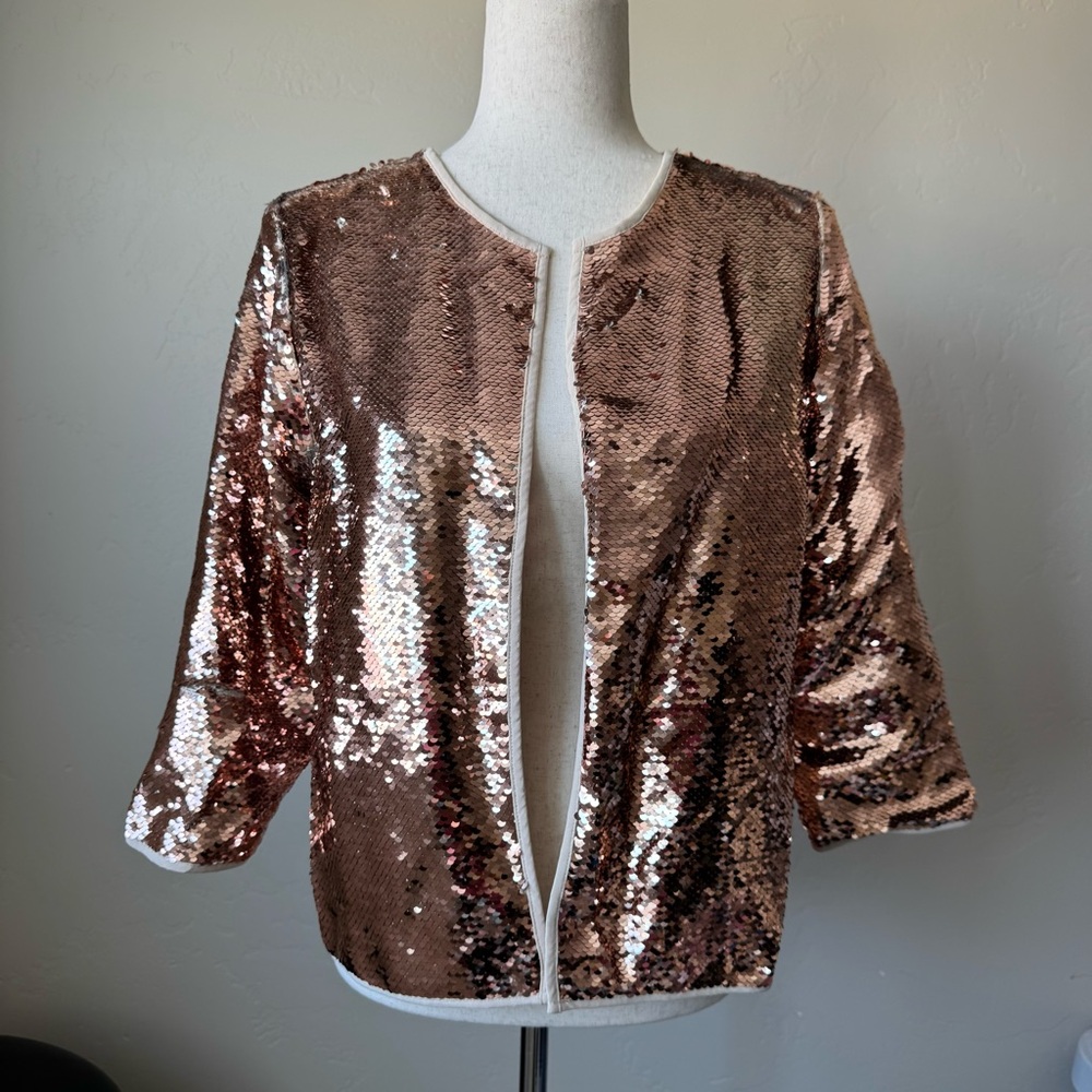 LULAROE ELEGANT STELLA Pink Med KNIT SEQUIN HOLIDAY BOLERO OPEN JACKET Rold Gold